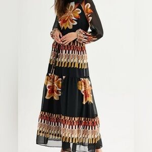 Maison Tara Black Multicolor Floral Long Sleeve Dress